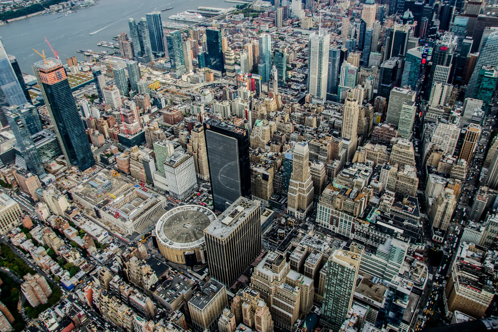 Aerial view of Midtown Manhattan — the commercial real estate market, seen from above.